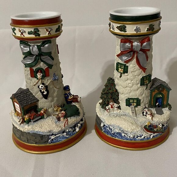 VTG Christmas Lighthouse Candlesticks Filling Santas Sack & Waiting for Santa - Picture 1 of 10